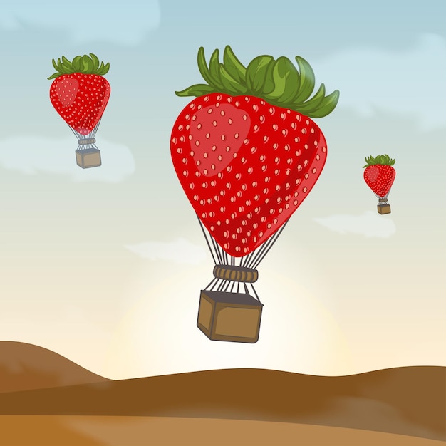 Vector strawberry air balloon and clouds illustration