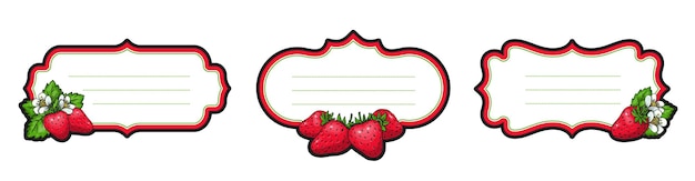 Vector strawberry authentic retro vector craft labels badges with handdrawn berries flowers and leaves farmers market premium quality packaging stickers for craft jam marmalade candy juice smoothie fresh