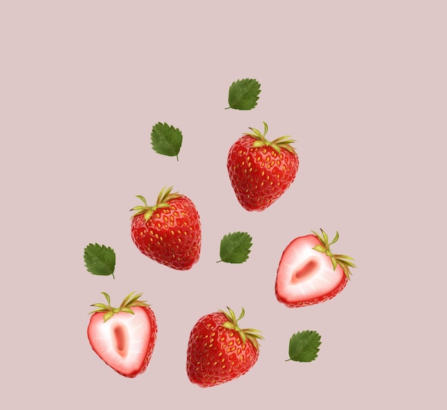 Vector strawberry background, realistic strawberry fruit, summer banner, delicious fresh fruits
