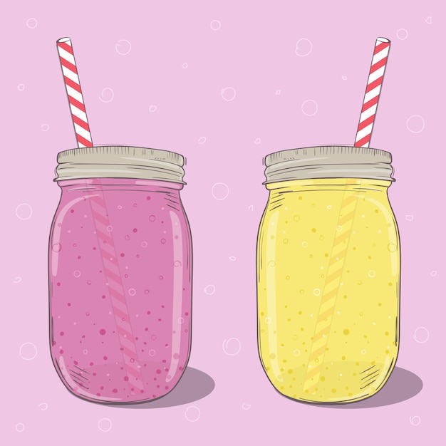 Strawberry and banana milkshakes in mason jar on pink background. vector hand drawn illustration. for menu, postcards, banners.