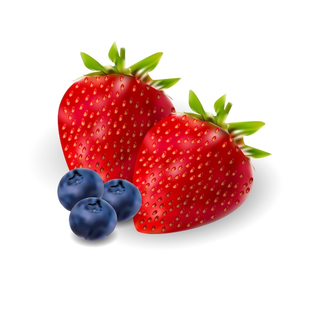 Vector strawberry and blackberry berrie realistic set. 3d