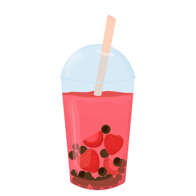 Клубничный пузырьковый чай. векторная иллюстрация. Пластиковые чашки вкусного пузырькового чая. Смешайте тапиоку