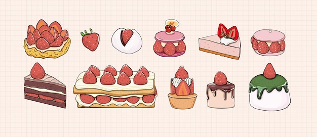 Strawberry Cake Sweet Dessert Objects collection Free Vector