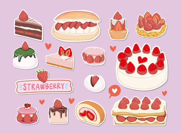 Vector strawberry cake sweet dessert sticker objects collection free vector