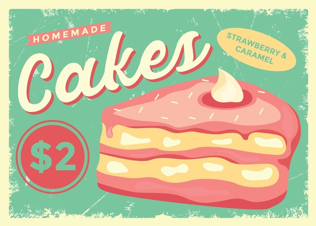 Strawberry cake with caramel retro bakery sign vector template