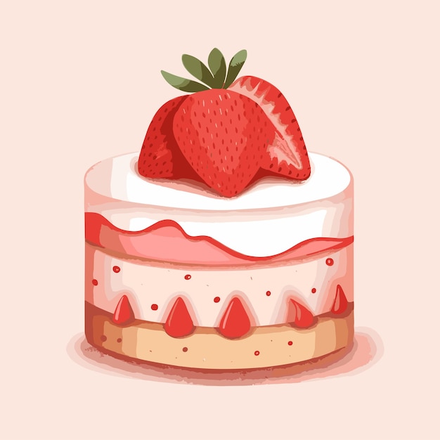 Vector strawberry cake with pink cream and strawberry on white background