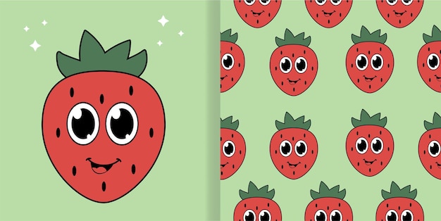 Strawberry cartoon comic character with seamless pattern. doodle retro style vector illustration