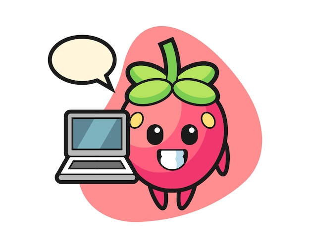 Strawberry cartoon with a laptop