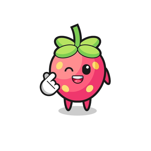 Strawberry character doing Korean finger heart