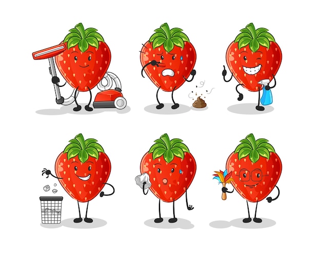 Strawberry cleaning group character. cartoon mascot vector