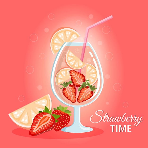 Vector strawberry cocktail with oranges in summer time on pink background vector illustration