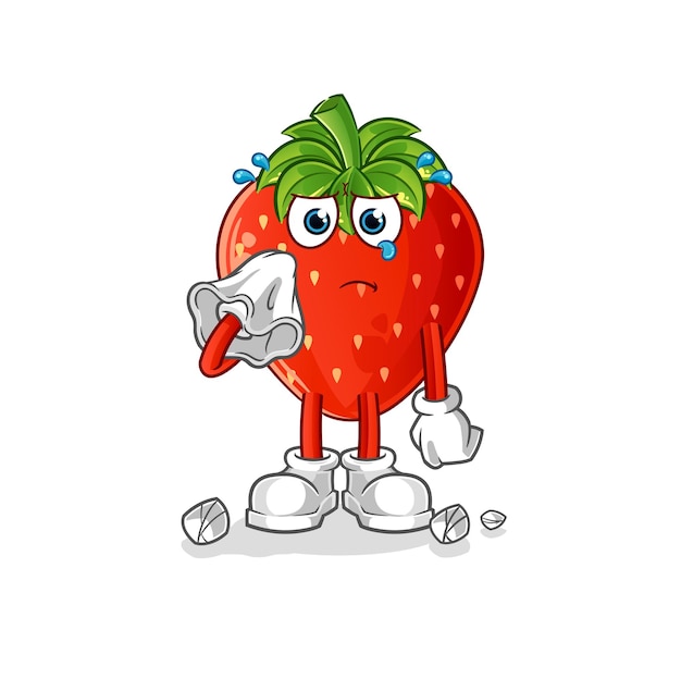 Strawberry cry with a tissue. cartoon mascot vector