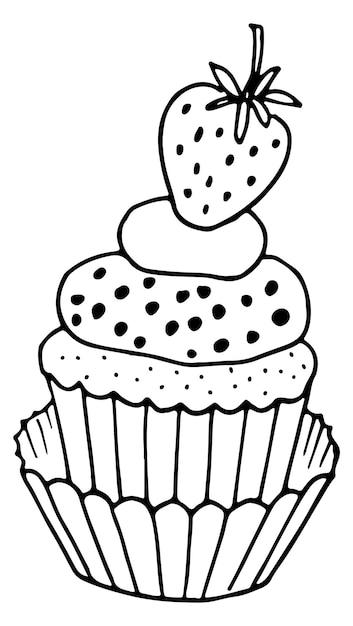 Strawberry cupcake doodle Black line dessert drawing