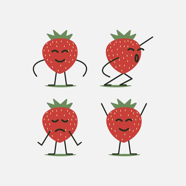 Strawberry Cute fruit vector character set isolated on white