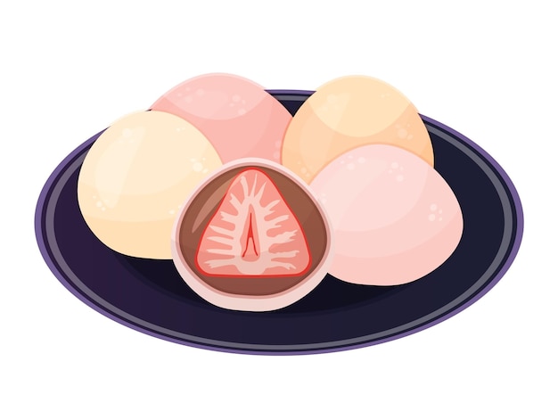 Strawberry daifuku Japanese desserts on plate Round mochi with red bean or chocolate Vector