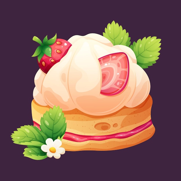 Vector strawberry dessert with whipped cream summer pastries sweet cake with strawberries cartoon vector illustration with gradient