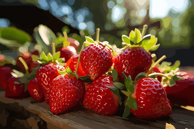 Vector strawberry field on fruit farm fresh ripe organic strawberry in basket