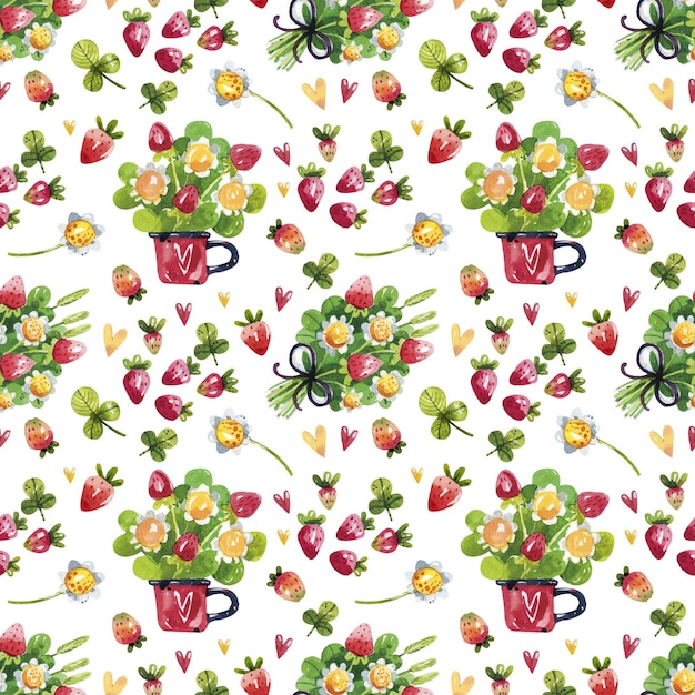 Strawberry flowers and berries seamless pattern