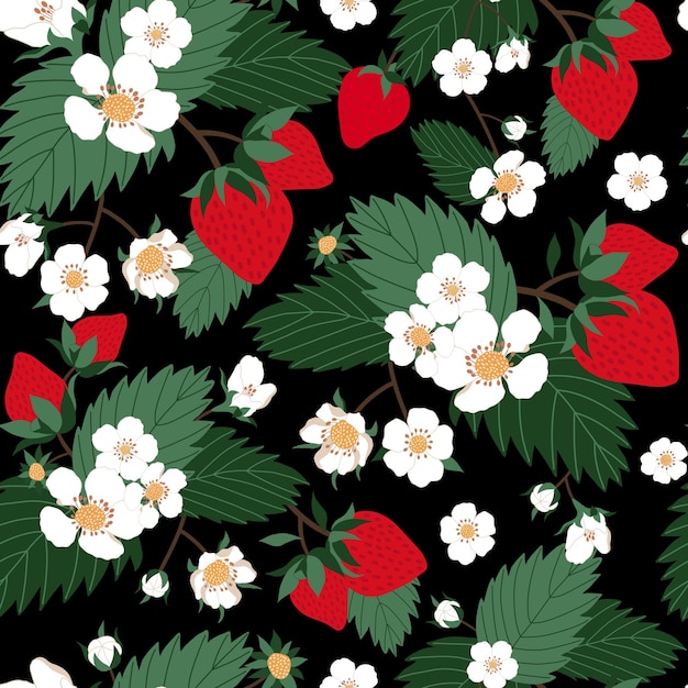 Vector strawberry flowers field seamless pattern in black background