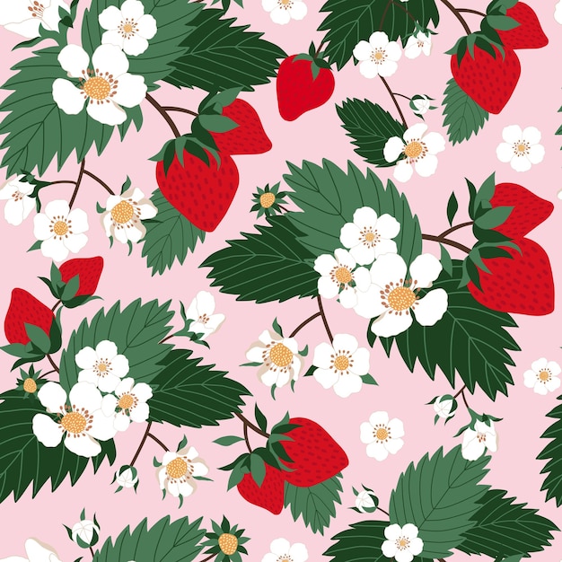 Vector strawberry flowers field seamless pattern in pink background