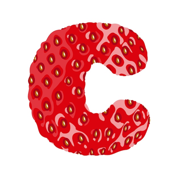 Strawberry font. Letter C. Alphabetical character with strawberry texture. Character representing