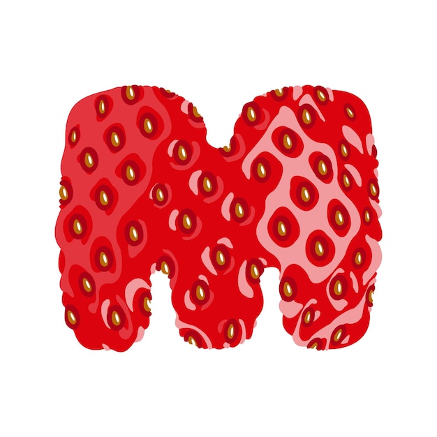 Strawberry font. Letter M. Alphabetical character with strawberry texture. Character representing