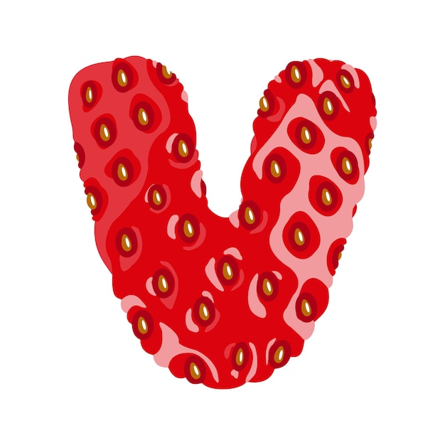 Strawberry font. Letter V. Alphabetical character with strawberry texture. Character representing