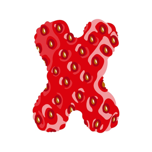 Strawberry font. Letter X. Alphabetical character with strawberry texture. Character representing