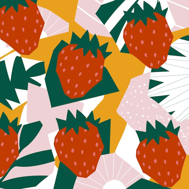 Vector strawberry fruit poster summer tropical design with strawberries