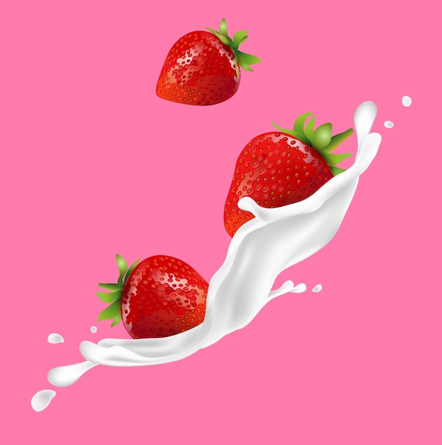 Vector strawberry fruit and splashes of milk