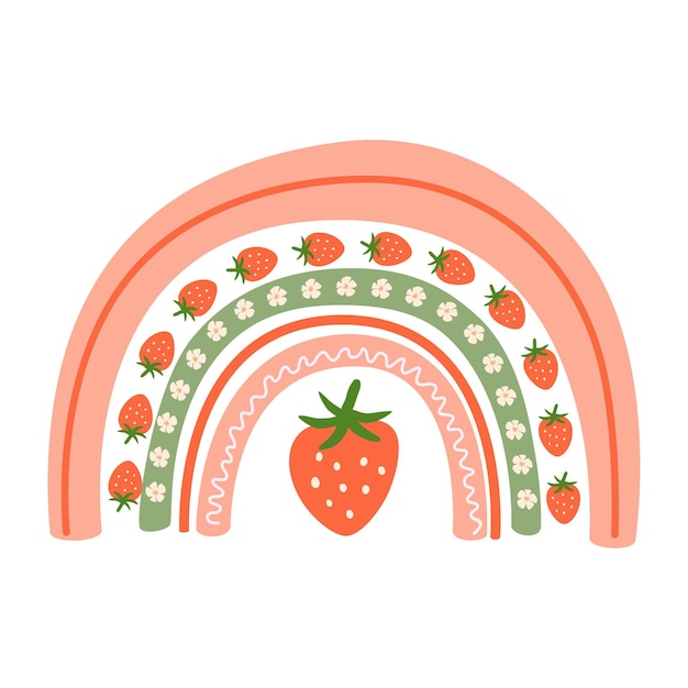 딸기 손으로 그린 여름 딸기 무지개의 레트로 딸기 여름 과일 인쇄