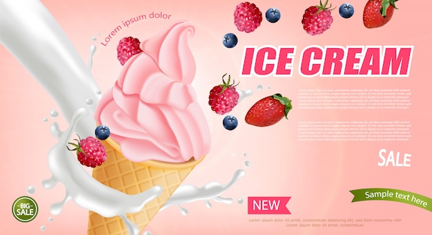 Vector strawberry ice cream cone banner