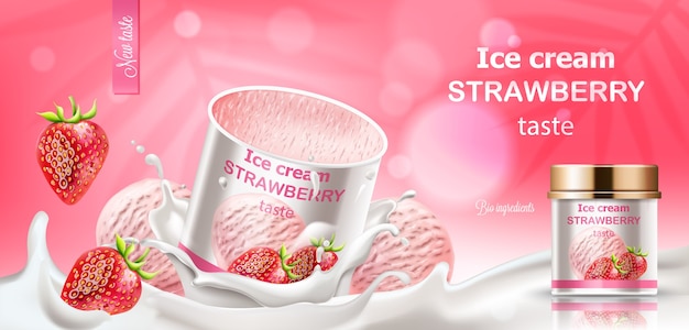 딸기 아이스크림 용기는 딸기와 공을 떨어 뜨리고 우유에 담근다. 바이오 성분. 현실적