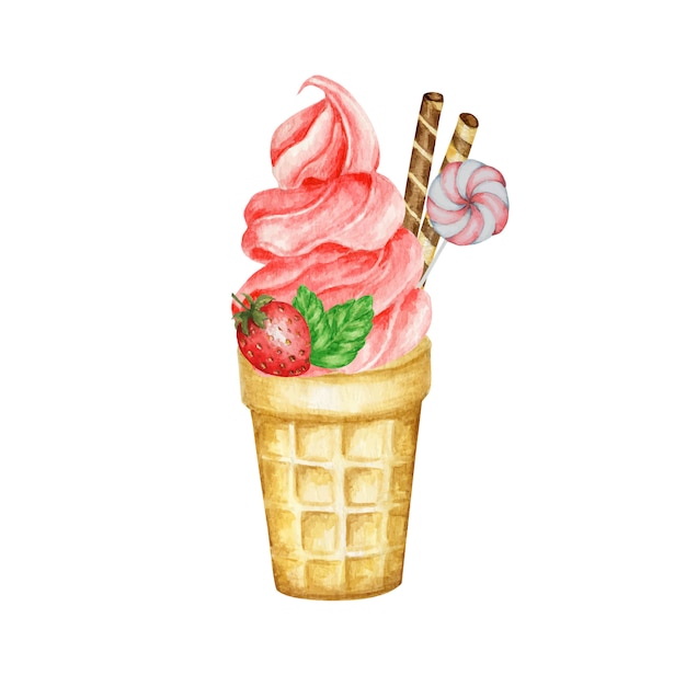 Gelato alla fragola in cono di cialda decorato con cialde al cioccolato, bacche, biscotti e caramelle. illustrazione rossa dell'acquerello del gelato alla frutta isolata