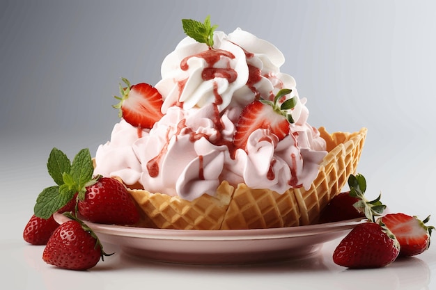 Strawberry ice cream with waffle basket isolated on white background
