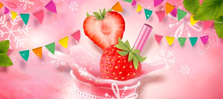 Vector strawberry ice shaved  element with refreshing fruit on pink background with snowflakes and party flags 