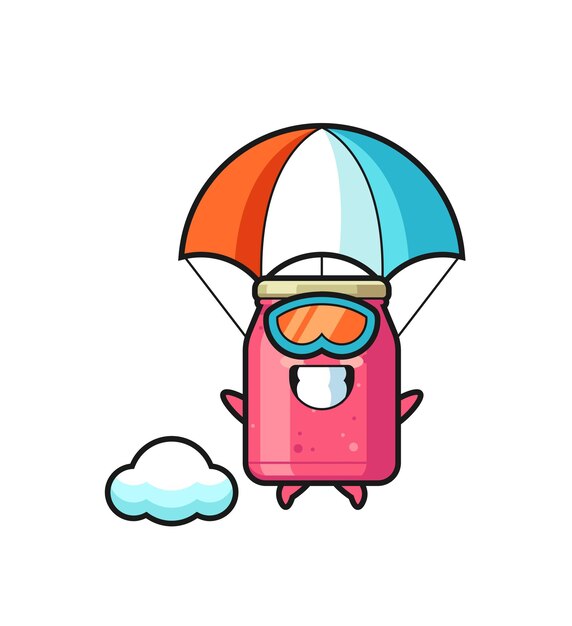 Strawberry jam mascot cartoon is skydiving with happy gesture , cute design