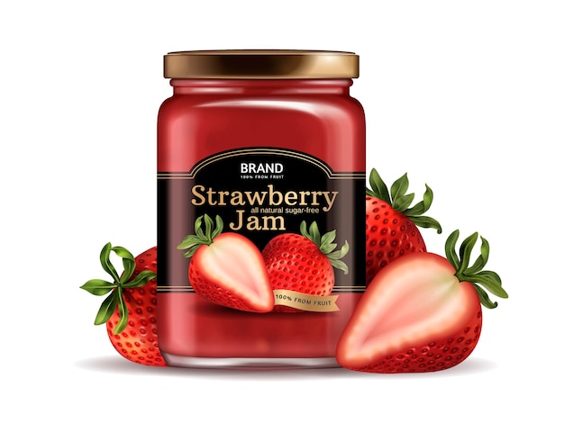 Strawberry jam package design, glass jar with designed label and fresh fruit