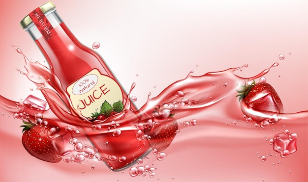 Vector strawberry juice bottle strawberry water splash