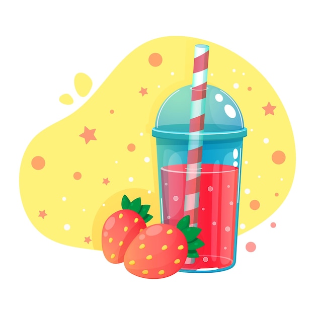 Vector strawberry juice cocktail in a plastic cup summer drink vector illustration cartoon