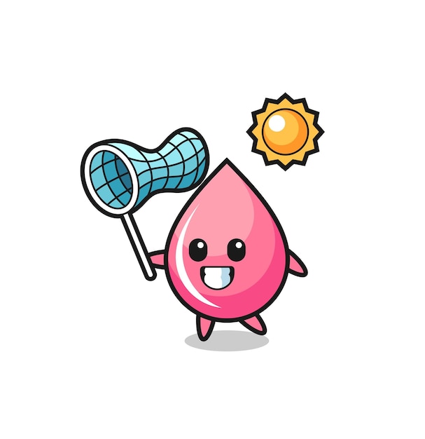 Strawberry juice drop mascot illustration is catching butterfly , cute style design for t shirt, sticker, logo element