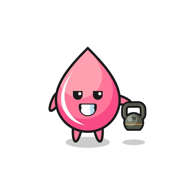 Strawberry juice drop mascot lifting kettlebell in the gym