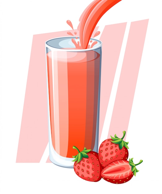 Vettore succo di fragola. bacca fresca bevanda in vetro. frullati di fragole. il succo scorre e schizza nel bicchiere pieno. illustrazione su sfondo bianco. pagina del sito web e app per dispositivi mobili