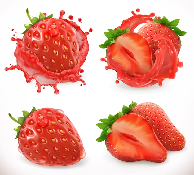 Vector strawberry juice. fresh fruit, 3d realistic vector icon