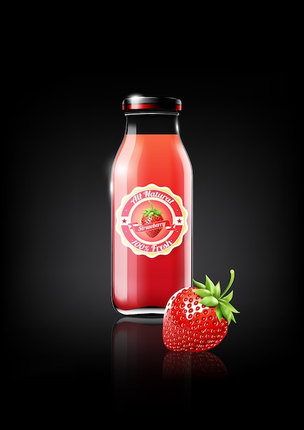 Vector strawberry juice in a glass bottle