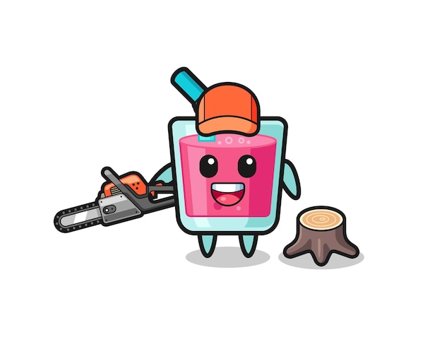 Strawberry juice lumberjack character holding a chainsaw