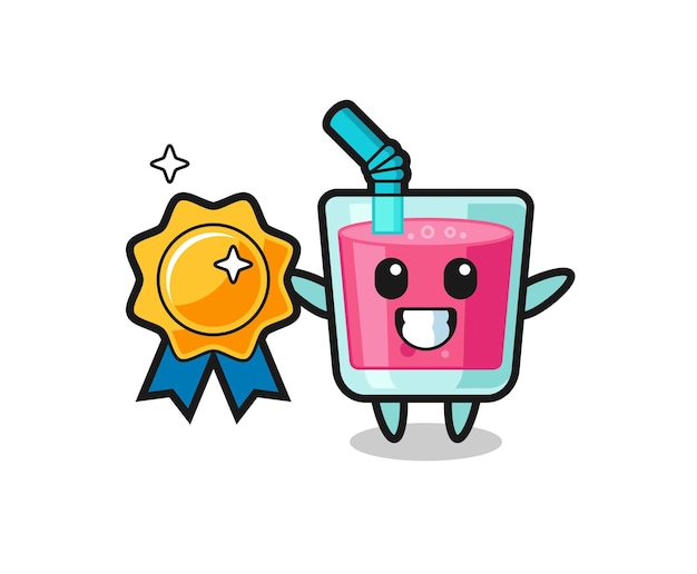 Strawberry juice mascot illustration holding a golden badge