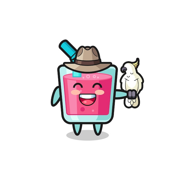 Vector strawberry juice zookeeper mascot with a parrot  cute design