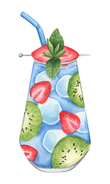 Cocktail alcolico con punch di fragole e kiwi illustrazione acquerello disegnata a mano su sfondo bianco elemento clipart bevanda