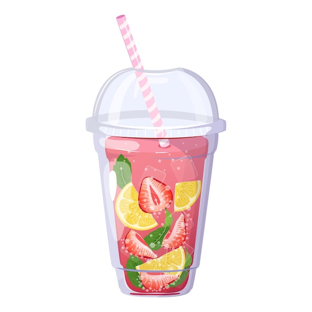 Strawberry lemonade with lemon and mint Summer refreshing drink with kiwi and ice in plastic cup